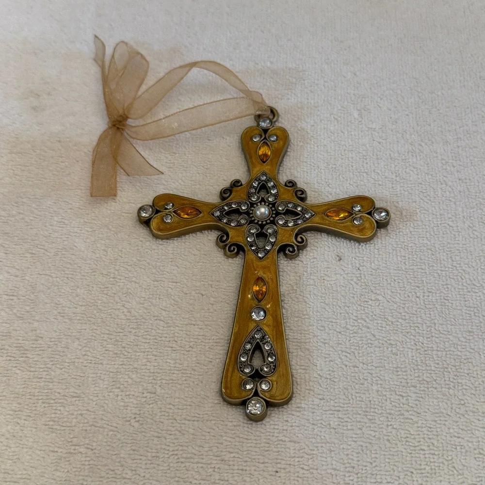 Kirklands Hanging Cross Ornament Yellow Enamel Rhinestone Excellent Ornate Boxed